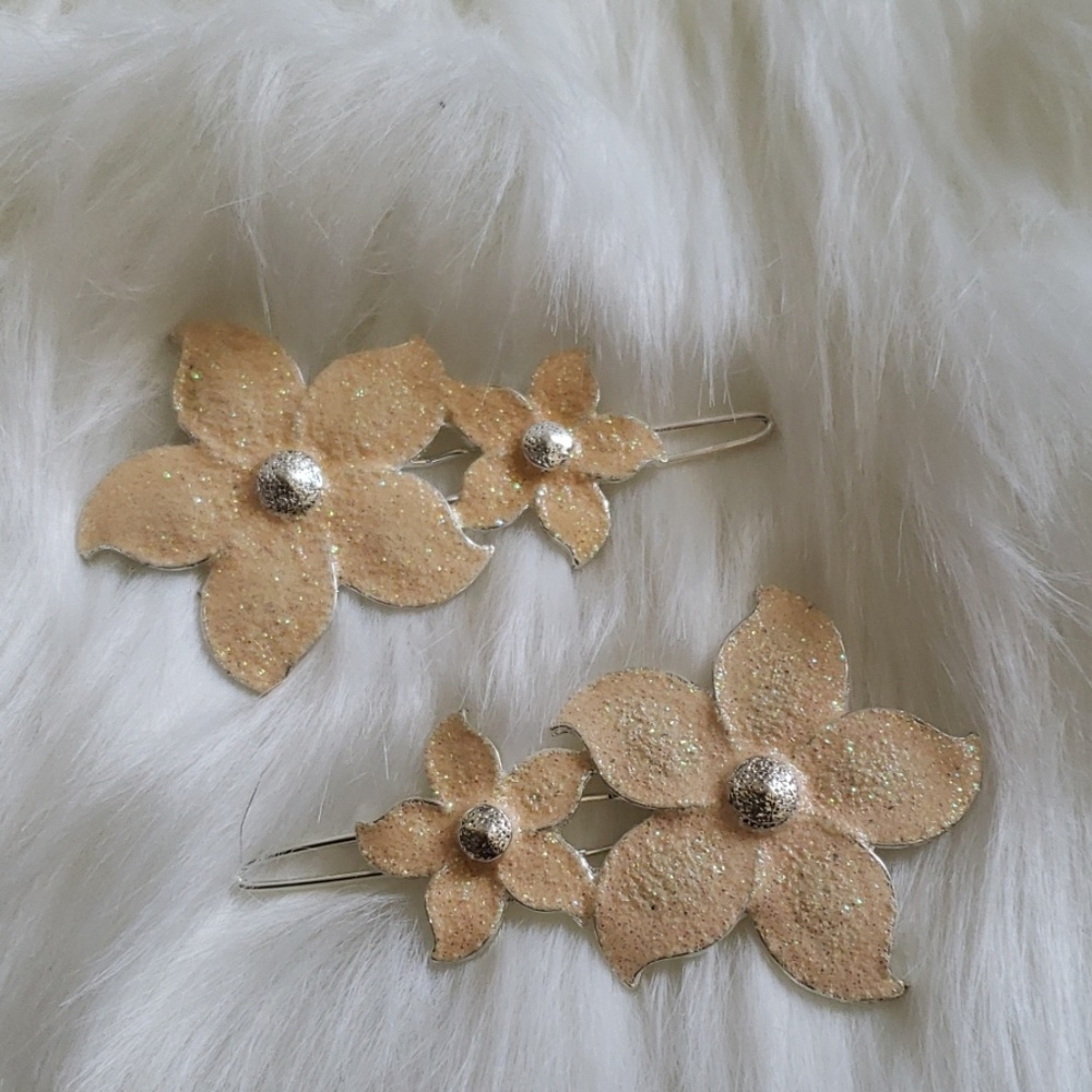 2 Orange Sparkle flower hair clips